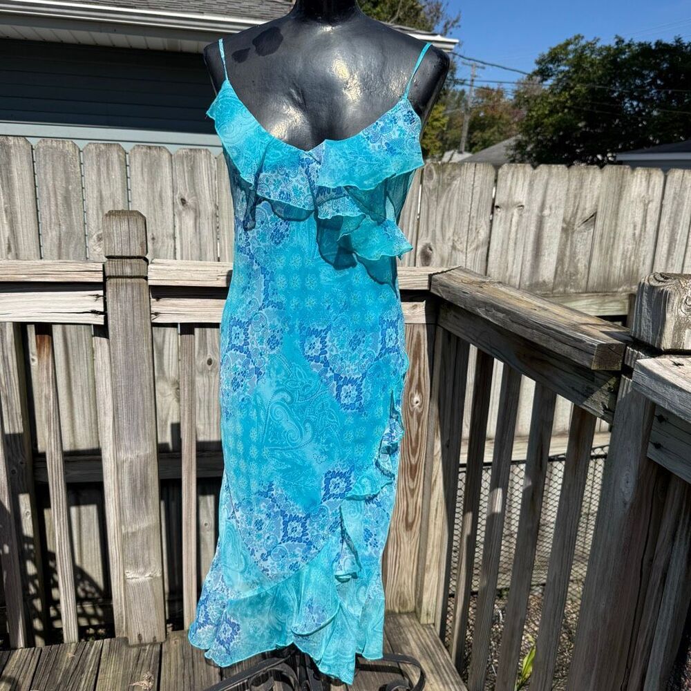 Y2K City Triangles Turquoise Blue Paisley Floral Ruffle Asymmetrical Fairy Dress